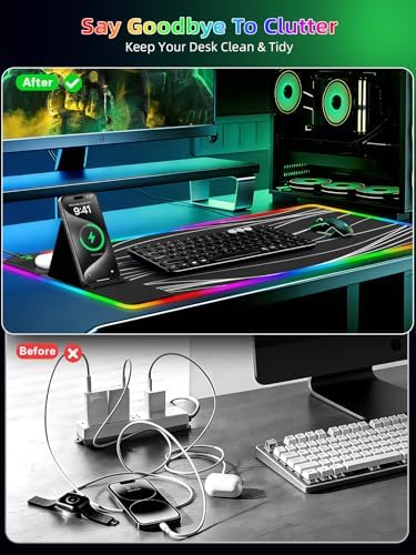 Mouse Pad with Foldable Phone Holder & Wireless Charger, XXL RGB Gaming Mousepad 31.5"x15.8" Large Desk Mat for Keyboard, Black Desk Pad with Dual Qi Charging Station | 11 Colors 5 Modes