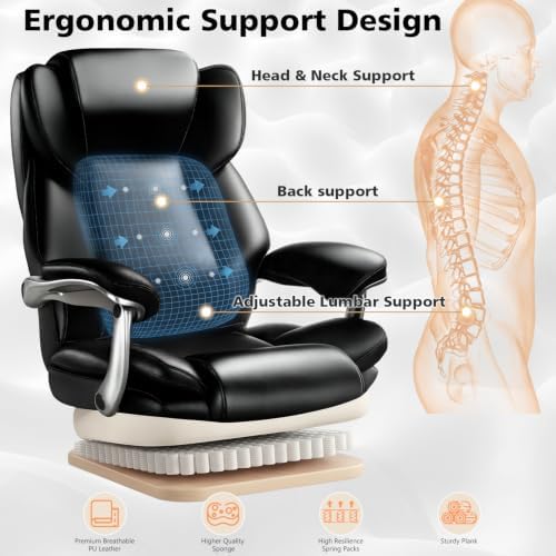 600lbs Big and Tall Office Chair for Heavy People,Heavy Duty Comfy Executive Office Desk Chair with Adjustable Lumbar Support,High Back Reclining PU Leather Computer Chair,Metal Base (Reclining Black)