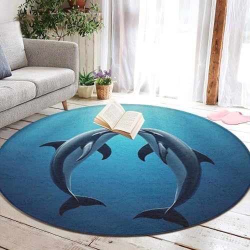 Large Home Decor Mat, Soft Round Yoga Carpet, Non Slip Machine Washable Home Office Circle Rug Ocean Sea Animal Lover Dolphin