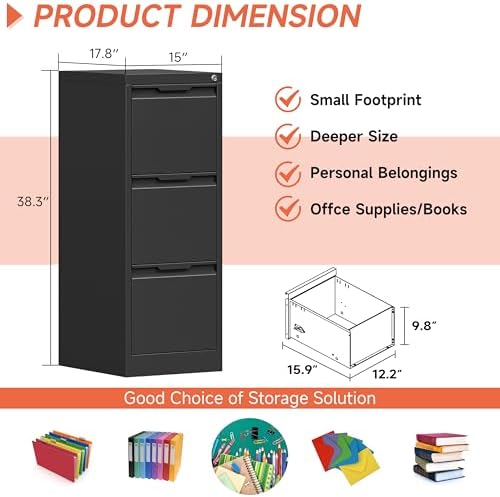 3 Drawer File Cabinet with Lock,Vertical Filing Cabinets for Home Office,Heavy Duty Metal File Cabinet for Hanging A4/Letter/Legal Size File,Vertical File Cabinet 15" W X 17.8" D X 38.3" H-Black