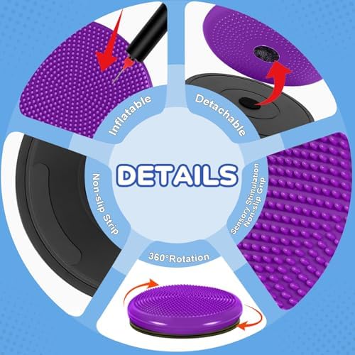 Wobble Cushion, Fimeetoy 360°Spinning Wiggle Seat, ADHD Sensory Chair,Flexible Seating in Classroom & Home,ADHD Tools for Kids,2-in-1 Detachable Balance Pad,Fidget for Focus-Purple