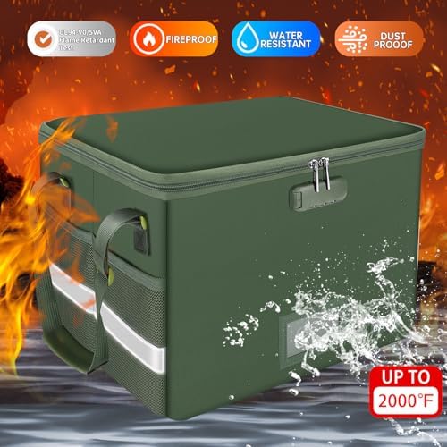 ENGPOW File Box with Lock, Fireproof Document Box with Pockets, Collapsible File Organizer Filing Storage Cabinet with Handle, Portable Home Office Safe for Hanging Letter/Legal Folders,Green,2 Pack
