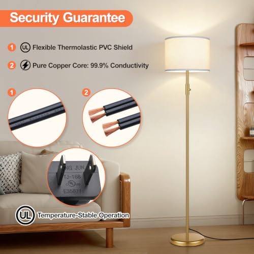【Upgraded】 Dimmable Gold Floor Lamps for Living Room, 9W LED Bulb Included, Modern Standing Lamp with White Lamp Shade, Tall Pole Light for Bedroom Reading Office Corner Nursery