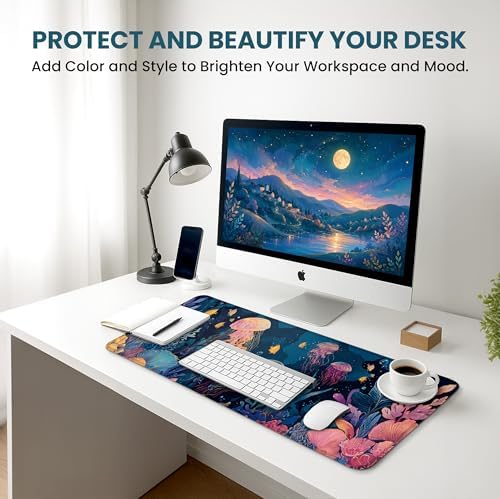 Aesthetic Desk Mat, Cute Ocean Jellyfish Desk Pad Protector for Work & Decor, 31.5" x 11.8", Pretty Non-Slip Extended Mouse Pad for Office or Home