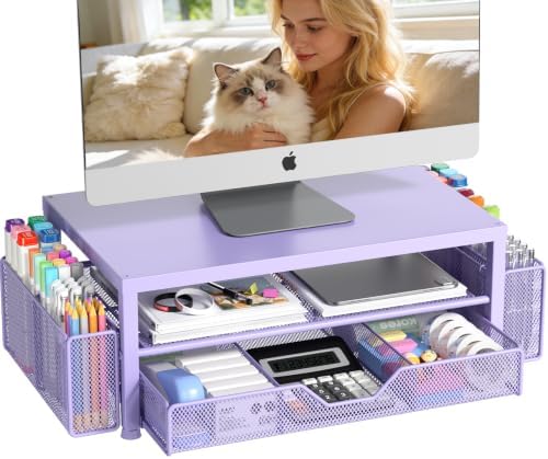 OPNICE Desk Organizers and Accessories, Computer Monitor Stand Riser with Drawer and 2 Pen Holders, Printer & Laptop Stand, Office Desk Accessories & Workspace Organizers for Home Office Supplies, Metal Purple