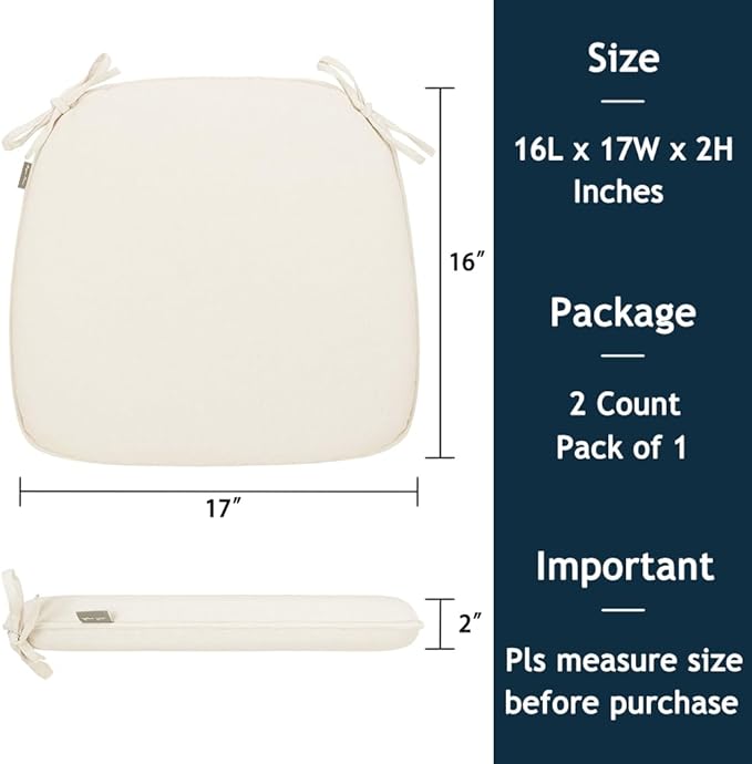 Magpie Fabrics 17"x16"x2" U-Shape Chair Cushions with Ties 2 Count, Outdoor Indoor Waterproof All Weather Seat Pads Decoration for Patio Garden Dining Office - Cream Beige