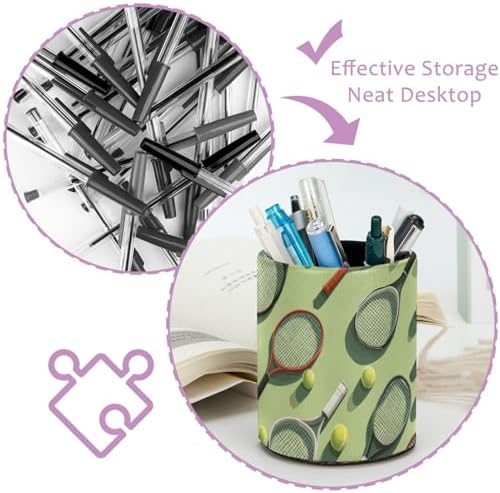 Leather Pen Holder for Desk, Tennis Balls Racket Painted Pencil Cup Pen Organizer Makeup Brush Holder for Office Home Kids Countertop Desk Accessory Storage
