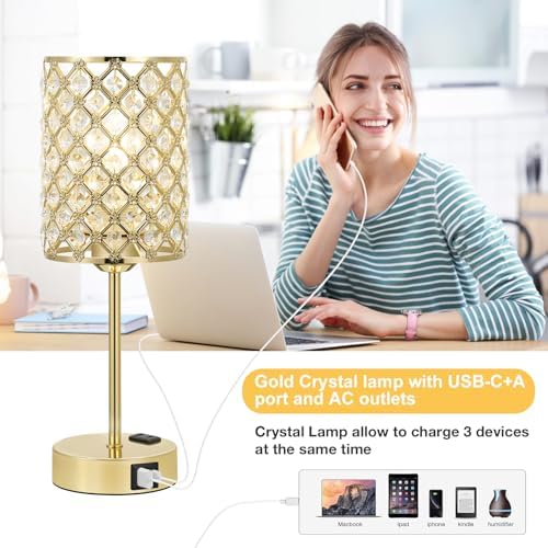 Hong-in Gold Lamps for Night Stands, Crystal Table Lamp with Touch Control