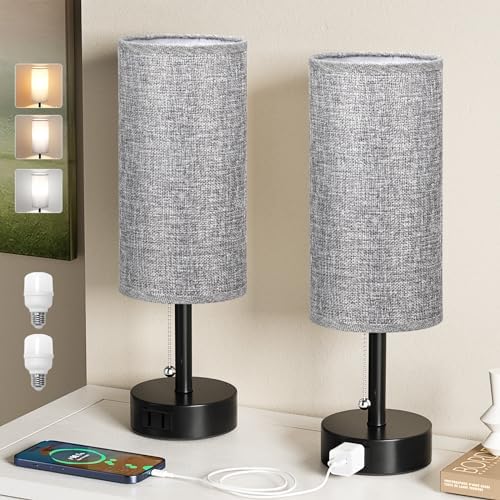 Grey Bedside Table Lamps Set of 2 - Bedroom Lamp for Desk, AC Outlet