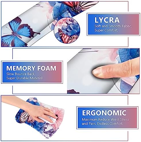 AIMSA Wrist Rest Support Mouse Pad Ergonomic, Memory Foam Keyboard Wrist Rest Set Non-Slip Easy Typing and Relieve Wrist Pain Mouse Mat for Computer Office -Butterfly Flower
