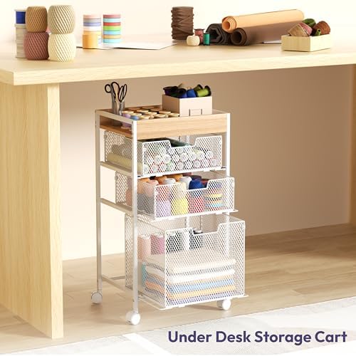 SWTYMIKI Rolling File Cart with Drawers - 4 Tier Under Desk Storage Craft Rolling Organizer Cart - Office Storage &Organization, Mobile Metal Filing Cabinet for Office and Home White