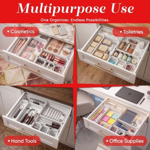 Masirs Interlocking Drawer Organizer Bins - Durable Plastic, Various Sizes for Custom Layout Design. Great for Desk Drawer, Tool Box or Garage Organization. (White | 8-Piece Set)