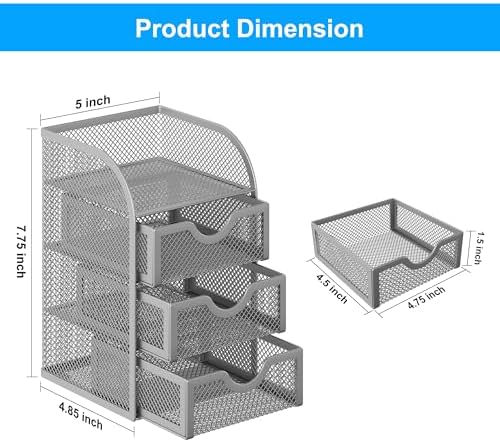 EasyPAG Mesh Desk Organizer with 3 Drawer Office Desktop Organizers and Accessories Stationery Caddy for Office, Home, Students, Silver