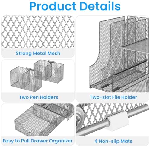 Lavatino Desk Organizer – 4-in-1 Silver Mesh Office Supplies Organizer with Pen Holder, File Holder, Desktop Tray, and Drawer for Home, Office, Classroom