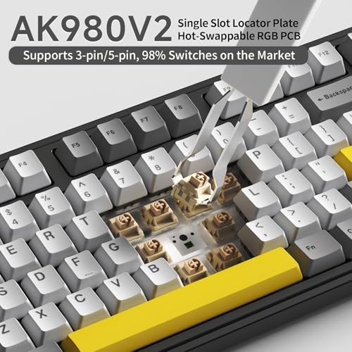 NACODEX Ajazz AK980 V2 Grey Yellow Wireless Mechanical Gaming Keyboard,Tri-Mode BT5.0/2.4GHz/USB-C Hot Swappable Custom RGB Backlit Computer Gaming Keyboards for PC/Tablet/PS/Xbox