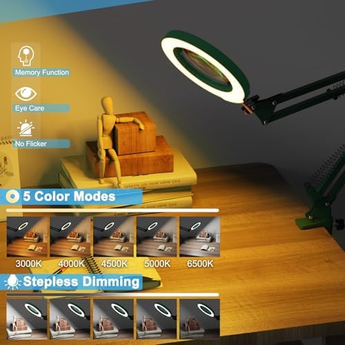 12X Magnifying Glass with Light and Stand, 5 Color Modes Stepless Dimmable 2-in-1 Lighted Magnifier with Clamp, LED Desk Lamp Hands Free for Crafts Hobby Reading Painting Sewing Close Work Green