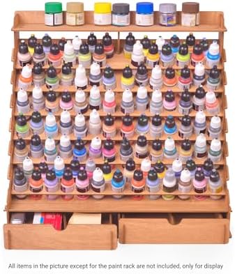 Plydolex Plywood Storage Rack - 105 Bottle Holes for 17 ml Vallejo Paints, 14 Paintbrush Slots, 6 Miniature Stands, 2 Drawers, a Shelf & a Brush Tray - Works for DnD, Warhammer 40K and Other Minis