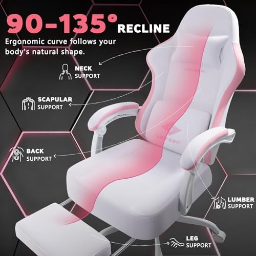 LEMBERI Gaming Chair, Fabric Big and Tall Video Game Chairs with Footrest, Massage Lumbar Support, Racing Style Ergonomic Computer Gamer Chair with Adjustable Headrest (Pink)