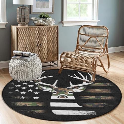 Men's Large Home Decor Mat, Soft Round Yoga Carpet, Non Slip Machine Washable Home Office Circle Rug Camo Deer Hunting Camouflage USA Flag
