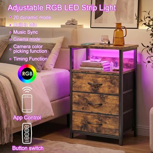 Fixwal Night Stand with 3 Fabric Drawers, Nightstand with Charging Station
