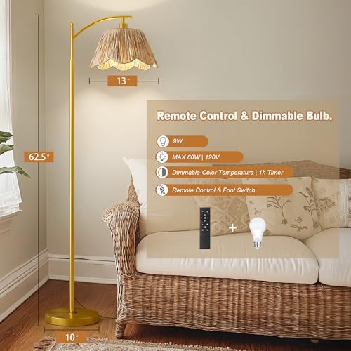 Oneach Boho Floor Lamp with 3 Color Temperatures, Farmhouse Floor Lamps for Living Room with Remote & Dimmable Bulb, Rattan Floor Lamp for Bedroom, Gold