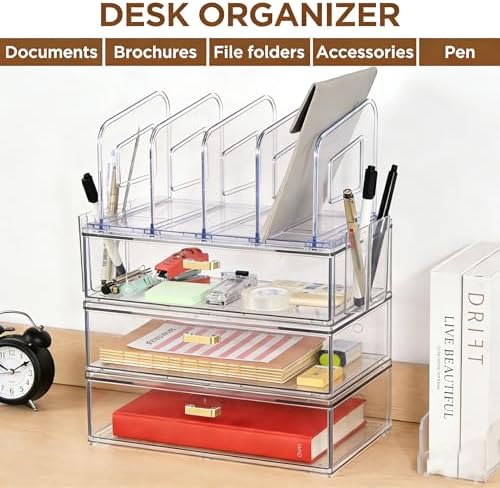 LALOBLUE Acrylic Desk Organizer with 4-Vertical File Holder Rack, 3-Clear Drawer and 2 Pen Holders, Desktop Storage for Office Desk Accessories School Classroom Organization (Clear)