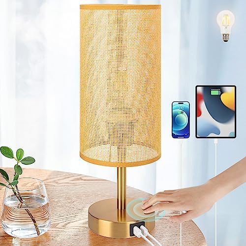 Yarra-Decor Bedside Lamp with USB Port - Touch Control Table Lamp for Bedroom Wood 3 Way Dimmable Nightstand Lamp with Round Flaxen Fabric Shade for Home Office (LED Bulb Included) (Y - NET)