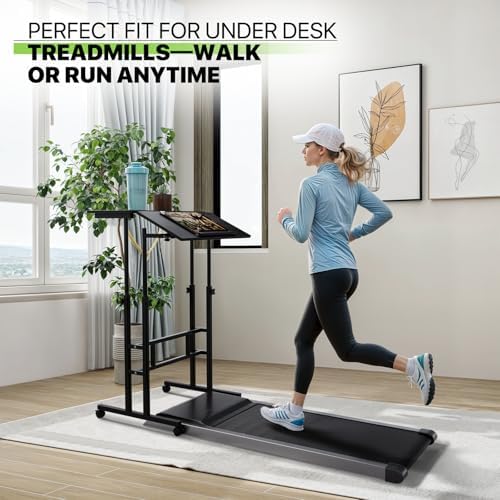 Magshion Rolling Standing Desk with Wheels, Height Adjustable Laptop Desk for Walking Pad, Mobile Workstation with Tilt Top, 28" to 46" Height Range for Home Office & Small Spaces, Black