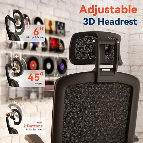 GABRYLLY Ergonomic Office Chair, High Back Home Desk Chair with Flip-Up Arms, 3D Headrest, 90-120° Tilt and Wide Cushion Seat, Big and Tall Computer Chairs for Man Woman, Mesh Chair Black Woodgrain