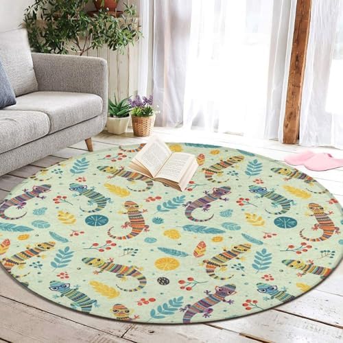 Soft Round Yoga Carpet, Large Home Decor Mat, Non Slip Machine Washable Kitchen Office Circle Rug Cartoon Lizard, 60inch