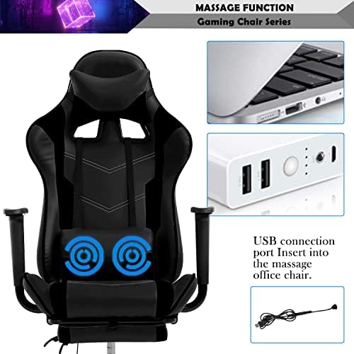 Black Massage Gaming Chair with Footrest, PU Leather Gaming Chairs for Adults, High Back Office Chair Ergonomic Desk Chair Computer Chair, Reclining Gamer Chair, Height & Backrest Adjustable, 300 Lbs