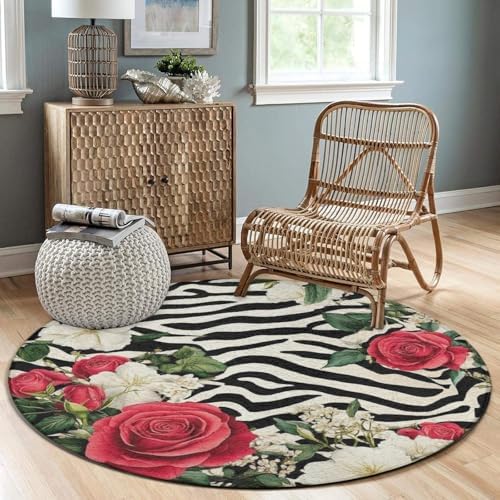 Room Sofa Yoga Soft Round Carpet, Home Decor Non Slip Kitchen Office Circle Rug, Machine Washable Modern Round Area Rug Cheetah Leopard Zebra Print Floral Black and White, 24inch