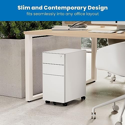 Mount-It! Slim 3 Drawer White File Cabinet with Lock, Mobile Metal Filing Cabinet on Wheels, Under Desk Storage Drawers for Home & Office, Letter Legal A4, White