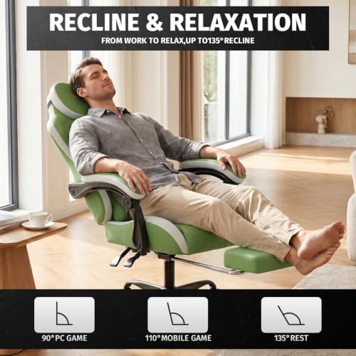 Honeycomb Embossed Gaming Chair with Footrest & Massage Lumbar Support, Adjustable Ergonomic Office Chair for Adults, 300 lbs (Green White)