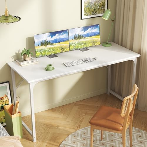 Huuger Computer Desk, 55 Inch Home Office Desk, Gaming Writing Work from Home Study Desk, Large Legroom, Sturdy Metal Frame, Modern Simple, White