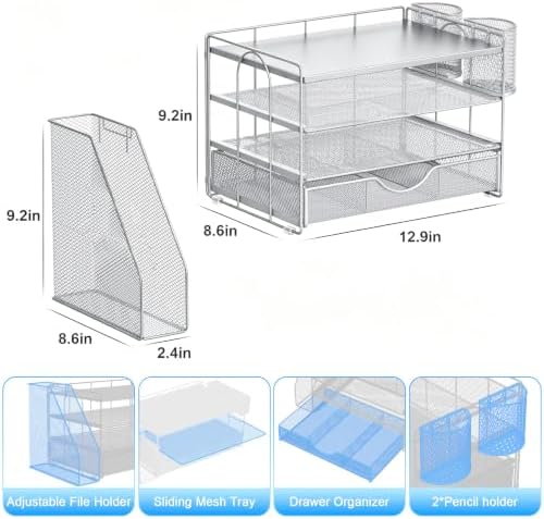 gianotter Desk Organizers and Accessories with File Holder, 4-Tier Desk Accessories & Workspace Organizers with Drawer and 2 Pen Holder, Desk Reference Organizer (Grey, 4T with Metal Drawer)