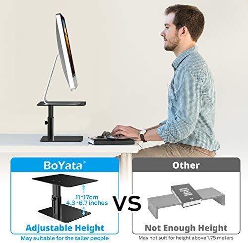 BoYata Monitor Stand, Adjustable Height Metal Desktop Riser, Black