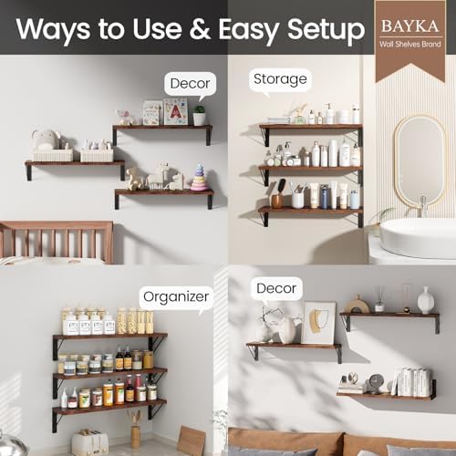 BAYKA 22.4 Inch Long Wall Mounted Floating Shelves (Rustic Brown, Set of 3)