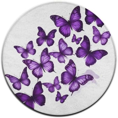 Women's Large Home Decor Mat, Soft Round Yoga Carpet, Non Slip Machine Washable Home Office Circle Rug Purple Butterfly