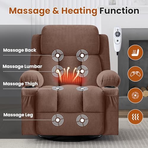 MAHOMICO Swivel Rocker Recliner Chair with Vibration Massage and Heat for Living Room,with Rocking Function and Side Pocket, USB Charge Port,2 Cup Holders