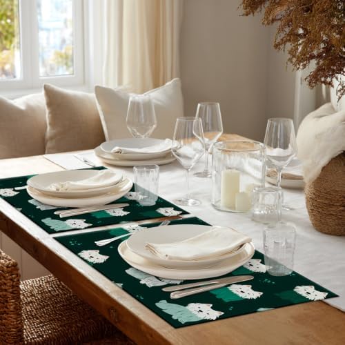 Shrahala Cute Dog in Dark Green Placemats, White Dogs Spots Table Mat Linen Burlap Washable Double-Deck Heat Insulation for Dining/Kitchen Table Set of 8 (12 X 18 Inch)