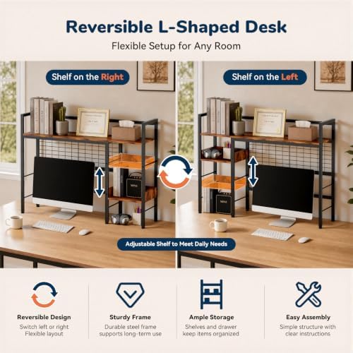 Desk Shelf, 38.6" Desk Hutch with Pegboard Hooks Set, Rustic Brown