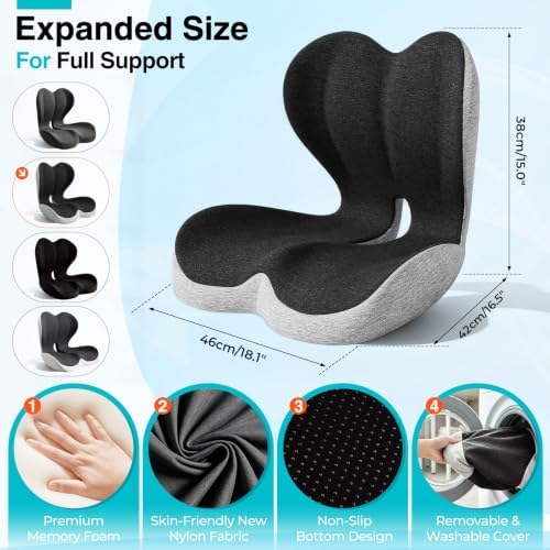 Seat Cushion for Office Chair, L-Shaped Memory Foam Truck Driver Seat Cushion, Ergonomic Sciatica & Tailbone Pain Relief Cushion with Non-Slip Breathable Cover, Back Support for Car