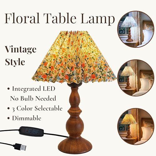 DYMOND Vintage Pleated Floral Table Lamp, Integrated LED No Bulb Needed, 3 Color Dimmable Desk Lamp for Bedroom Nightstand