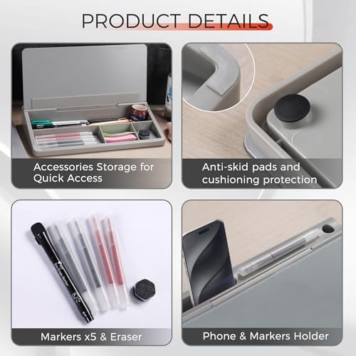 TOWON Compact Glass Desktop Whiteboard with Storage 12x7 in, Gray