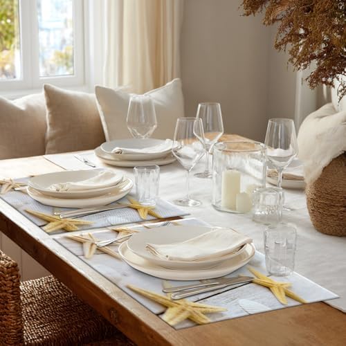 Shrahala White Beach Beige Set of 6 12 X 18 Inch Linen Placemats, Sea Shell Starfish Background Beach Shells Burlap Table Mat Washable Double Layered Heat Insulation for Indoor/Outdoor