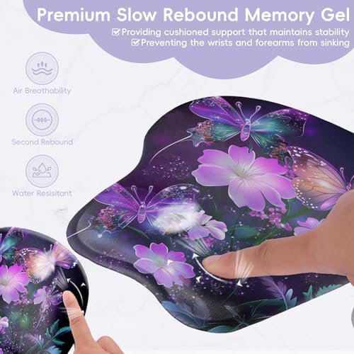 Wrist Support Mouse Pad Anti Slip Rubber Wrist Rest Mousepad 9in X 8in Small Desktop Notebook Mouse Mat for Working and Gaming (M-Purple Butterfly)