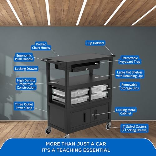 A-to-Z 289-ECMBSKBC-B Luxor 32" x 18" Deluxe Teacher Cart – Locking Cabinet, Storage Bins, Retractable Keyboard Tray, Pocket Chart Hooks, Cup Holder, Ergonomic Handle, Mobile Design, 4" Casters