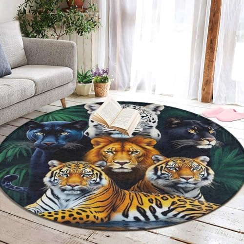 Fashion Round Area Rug Large Non Slip Carpet Unisex Home Decor Mat Jungle Animals Lion Tiger Leopard Print