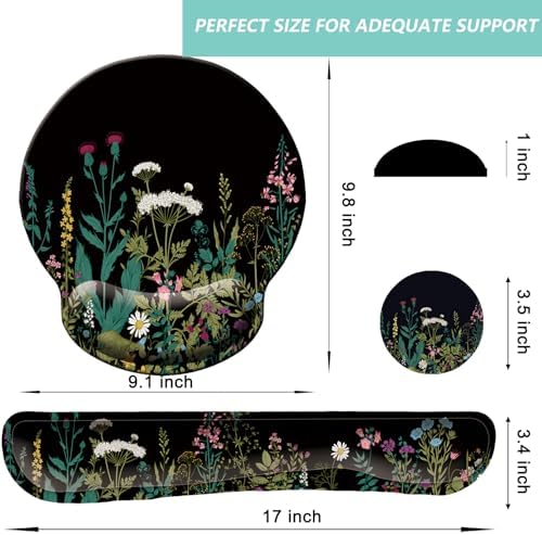 Keyboard Wrist Rest Pad Mouse Pad with Wrist Support Set of 3, Mousepad with Non-Slip Rubber Base, Ergonomic Memory Foam Mouse Wrist Cushion Support for Home Office Laptop Computer, Flowers Grass